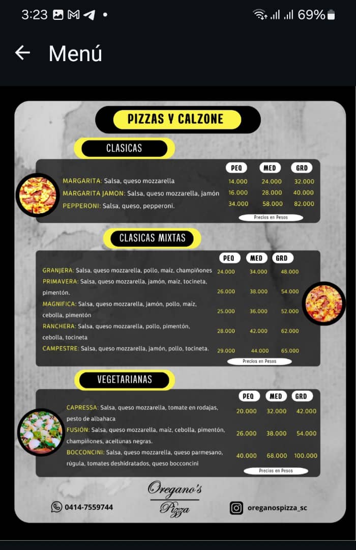Menú pizzas clásicas, mixtas y vegetarianas