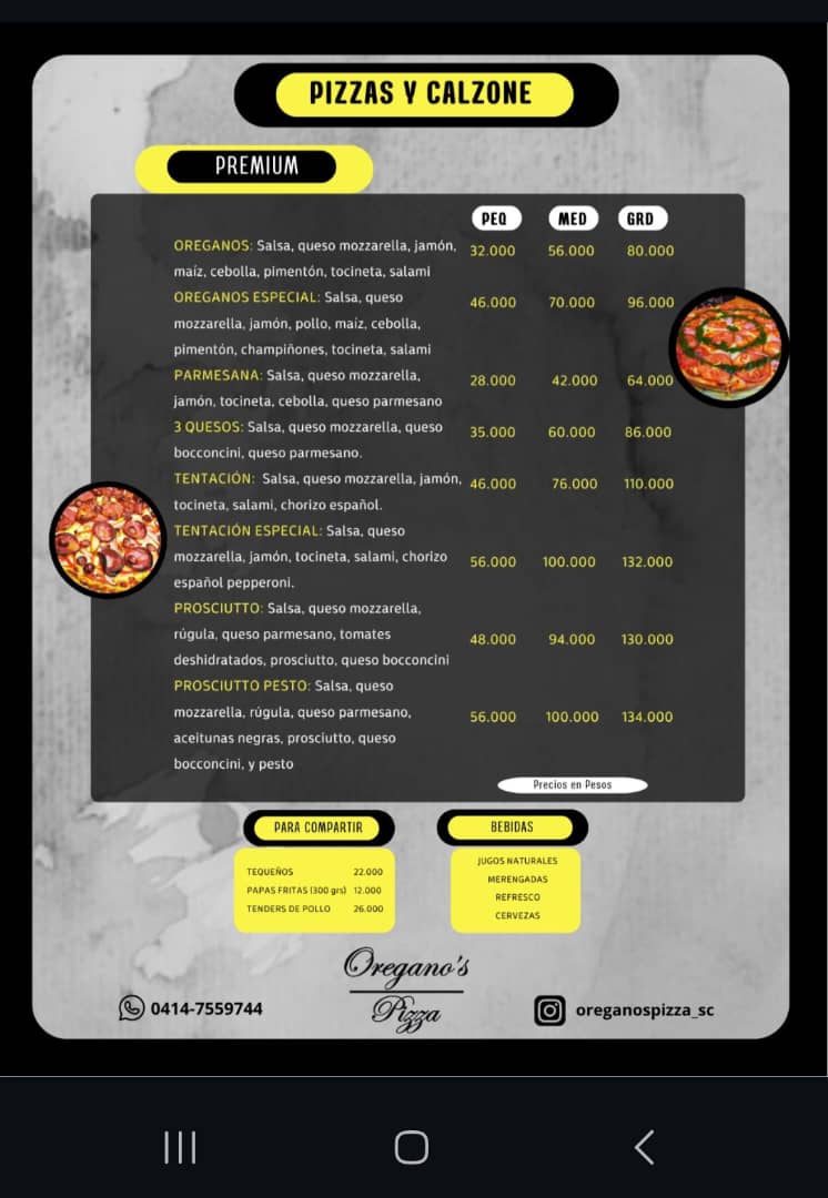 Menú premium de Oregano's Pizza
